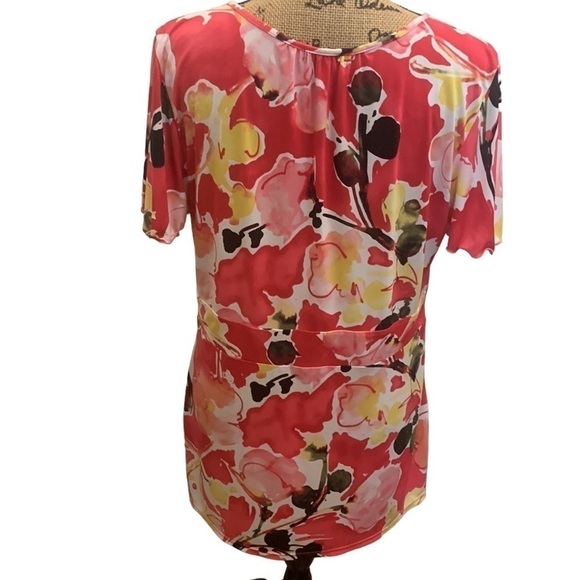 Alfani Floral Red Pink Keyhole Tie Short Ruffle Sleeve Stretchy Top Size XL - Picture 4 of 7